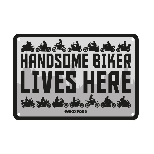Oxford Oxford garage metal sign: handsome biker lives here